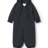 Black flight suit for baby with hood and zipper opening, plus reflective strips on sleeves.