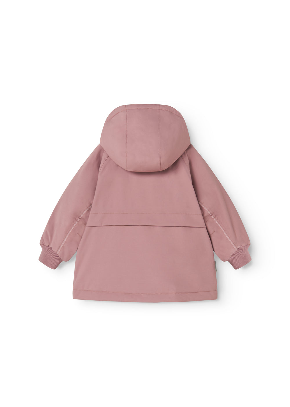 Winter jacket for children in dusty pink with hood and zipper, visible pockets.