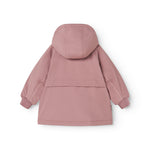 Winter jacket for children in dusty pink with hood and zipper, visible pockets.