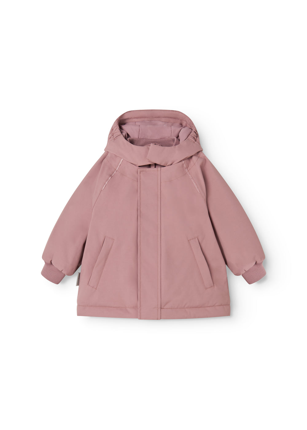 Pink winter jacket for kids with hood, front zipper, and ribbed cuff.