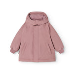 Pink winter jacket for kids with hood, front zipper, and ribbed cuff.