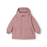 Pink winter jacket for kids with hood, front zipper, and ribbed cuff.