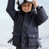Dark navy winter jacket with hood, front pockets, and zipper opening.