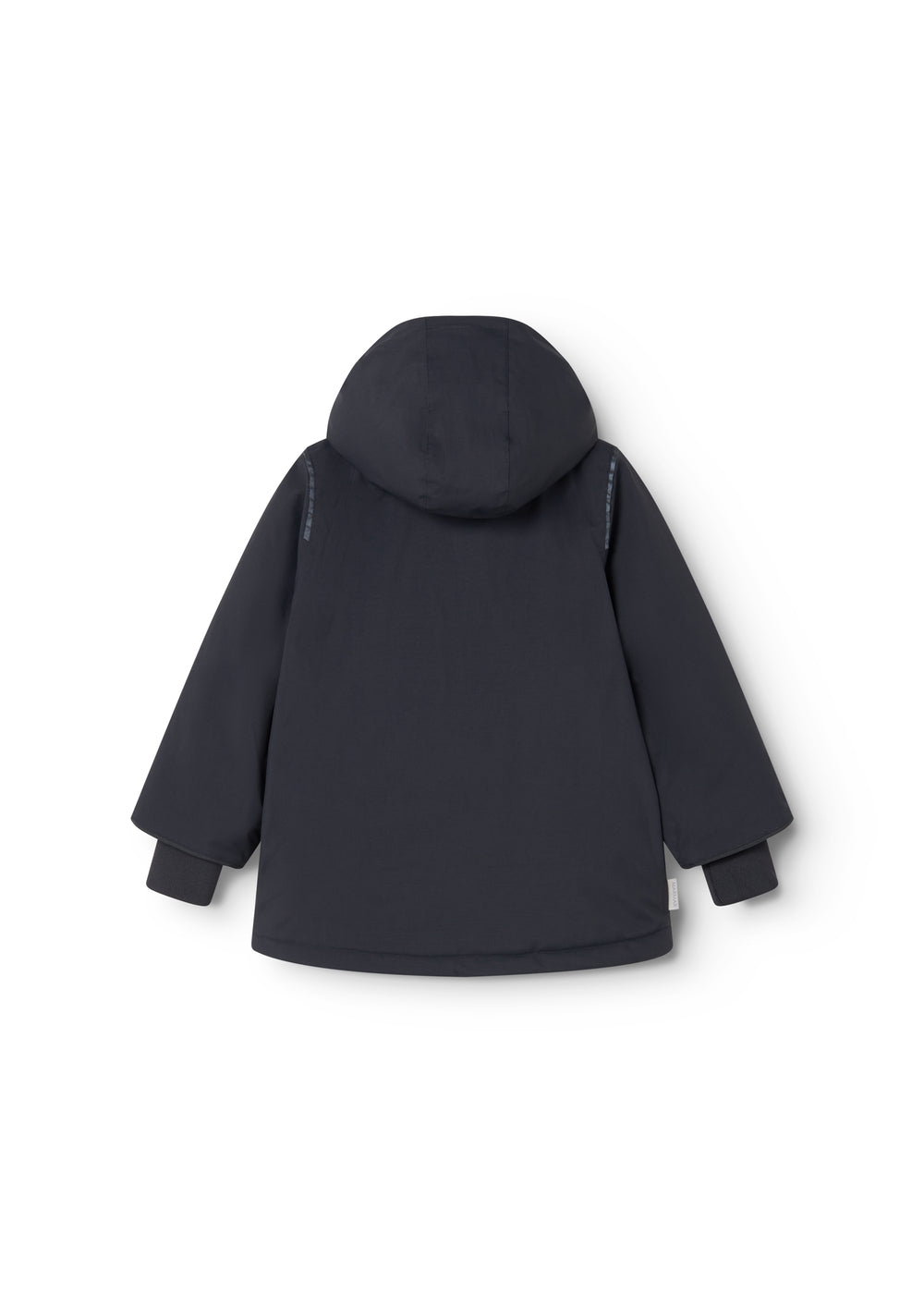 Dark navy winter jacket with hood and angled pockets at the back.