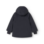 Dark navy winter jacket with hood and angled pockets at the back.