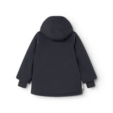 Dark navy winter jacket with hood and angled pockets at the back.
