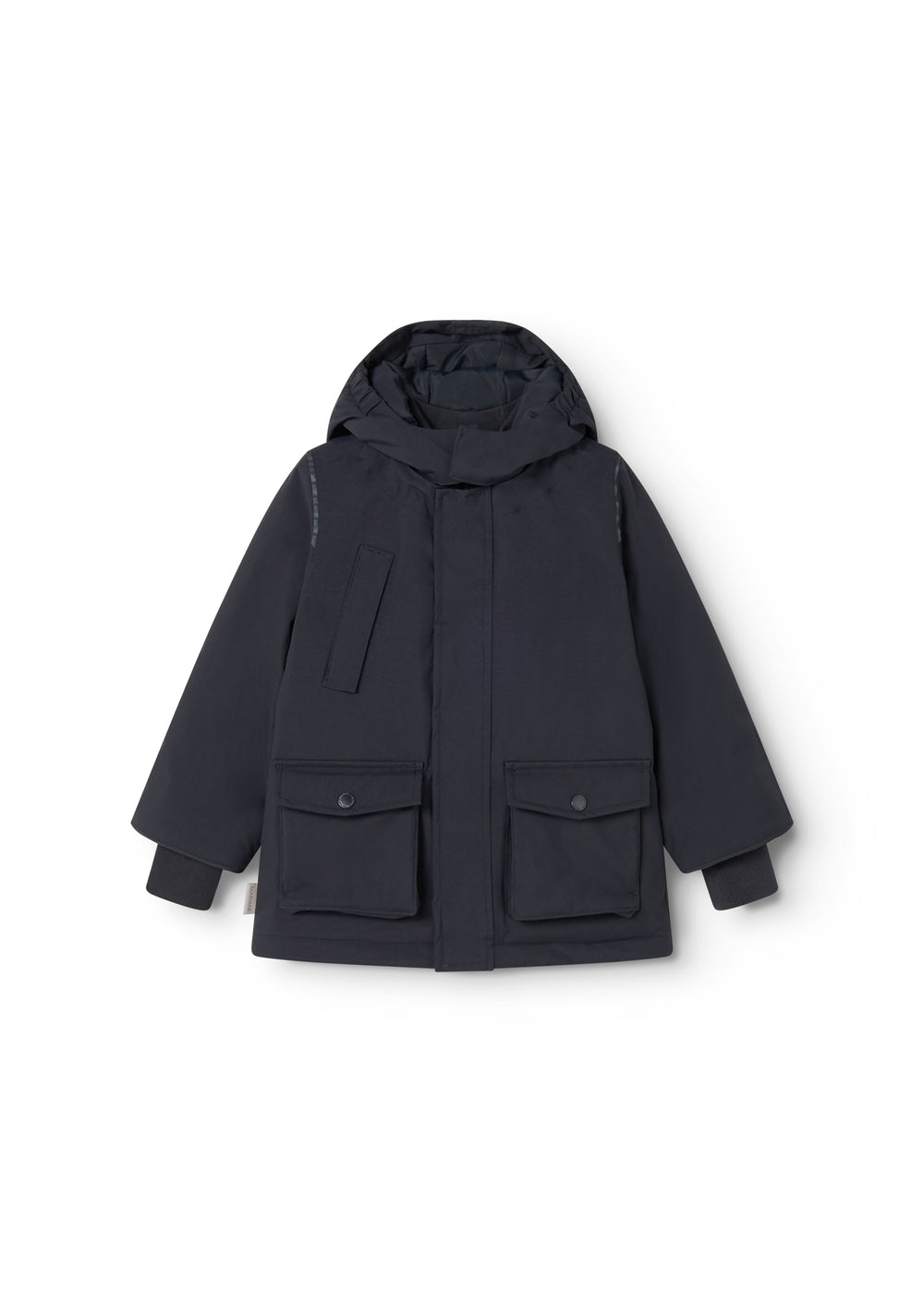 Dark navy winter jacket with hood, front pockets, and button closure.