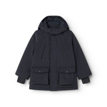 Dark navy winter jacket with hood, front pockets, and button closure.