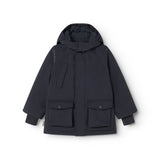Dark navy winter jacket with hood, front pockets, and button closure.