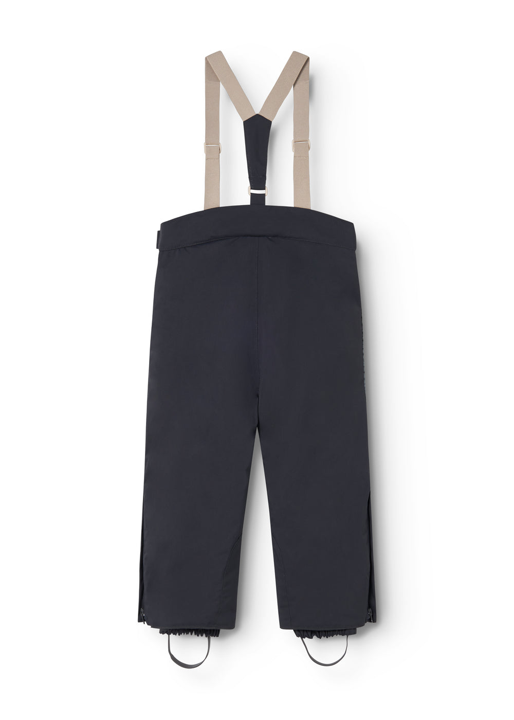 Dark-tone overalls with beige straps and button closure, full front view.