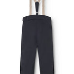 Dark-tone overalls with beige straps and button closure, full front view.