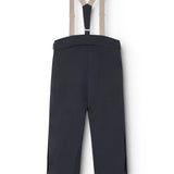 Dark-tone overalls with beige straps and button closure, full front view.