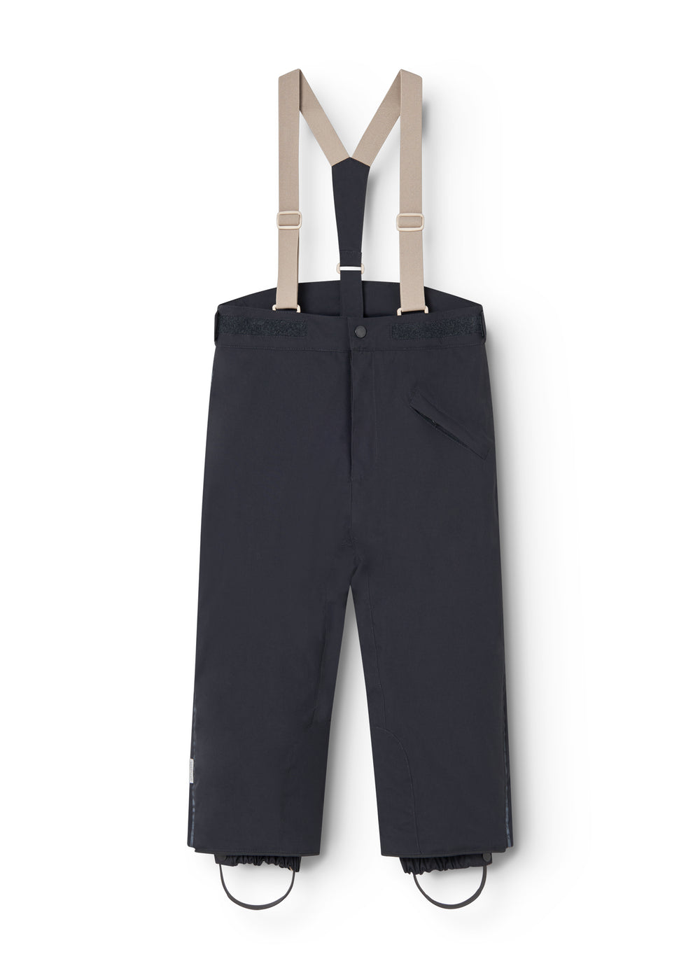 Dark-tone overalls with beige straps, button closure, and leg straps.