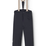 Dark-tone overalls with beige straps, button closure, and leg straps.
