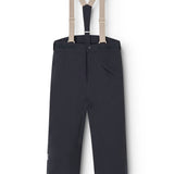 Dark-tone overalls with beige straps, button closure, and leg straps.