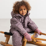 Hooded jacket with zipper in dark brown; small floral print.