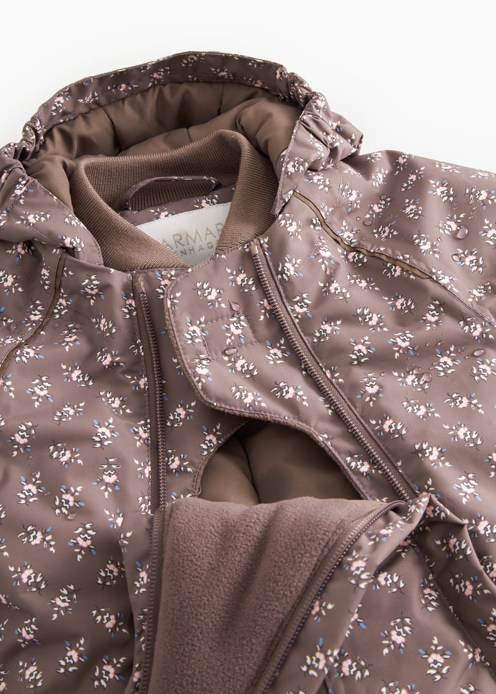 Jacket with hood, open zipper, brown floral print and beige lining