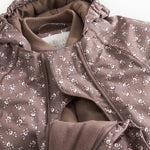 Jacket with hood, open zipper, brown floral print and beige lining