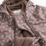 Jacket with hood, open zipper, brown floral print and beige lining