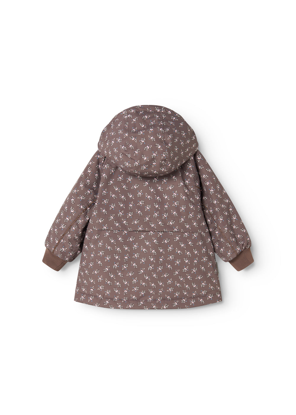 Winter jacket with hood and floral pattern seen from behind