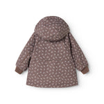 Winter jacket with hood and floral pattern seen from behind
