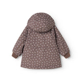 Winter jacket with hood and floral pattern seen from behind