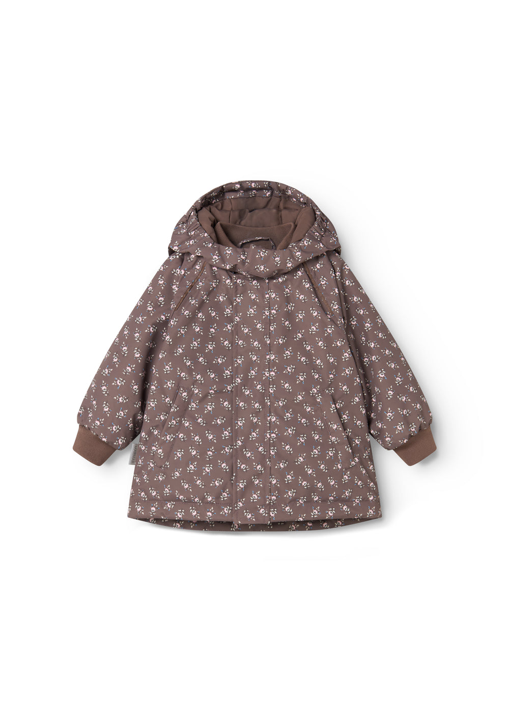 Floral printed children's hooded jacket with long sleeves.