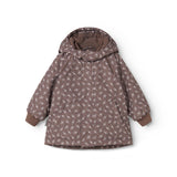Floral printed children's hooded jacket with long sleeves.