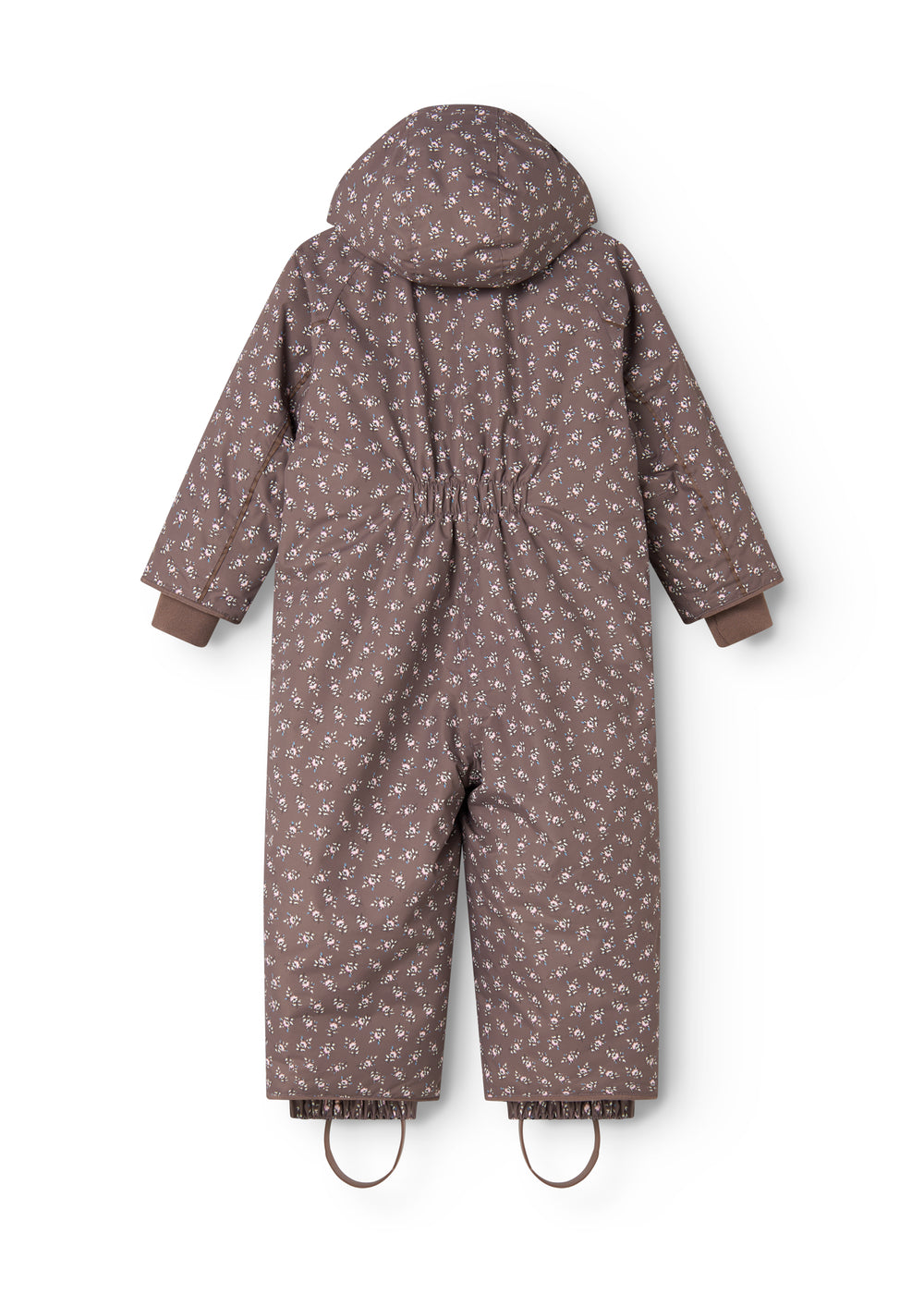 Hooded jumpsuit with small flower print; shown from behind with long legs and sleeves.
