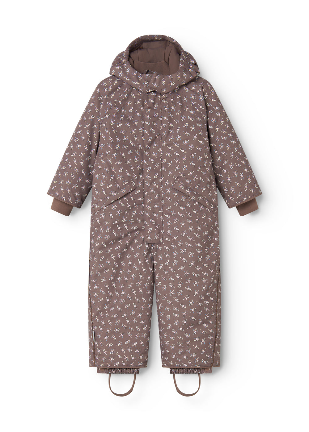 Jacket with hood and zipper and small flower print; long legs and sleeves.
