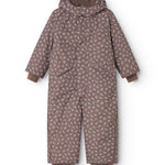 Jacket with hood and zipper and small flower print; long legs and sleeves.