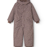 Jacket with hood and zipper and small flower print; long legs and sleeves.