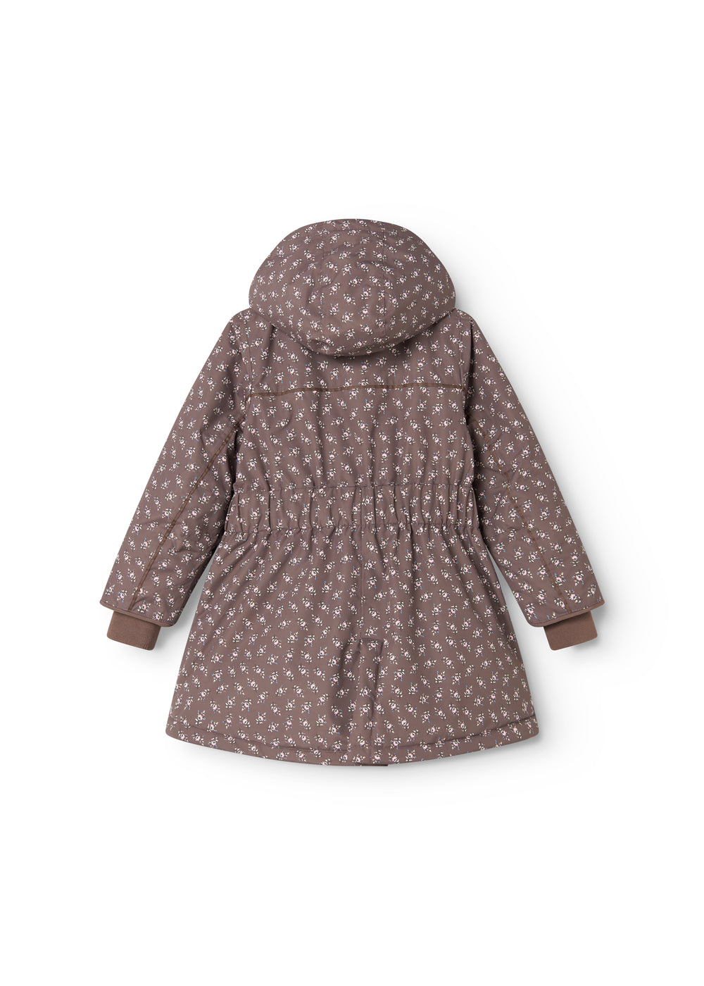 Children's winter jacket with hood, seen from behind, in dark brown with light floral print.