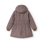 Children's winter jacket with hood, seen from behind, in dark brown with light floral print.