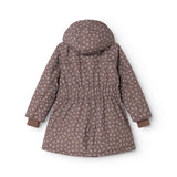 Children's winter jacket with hood, seen from behind, in dark brown with light floral print.