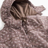 Winter jacket with hood and visible front in dark brown; floral print all over.