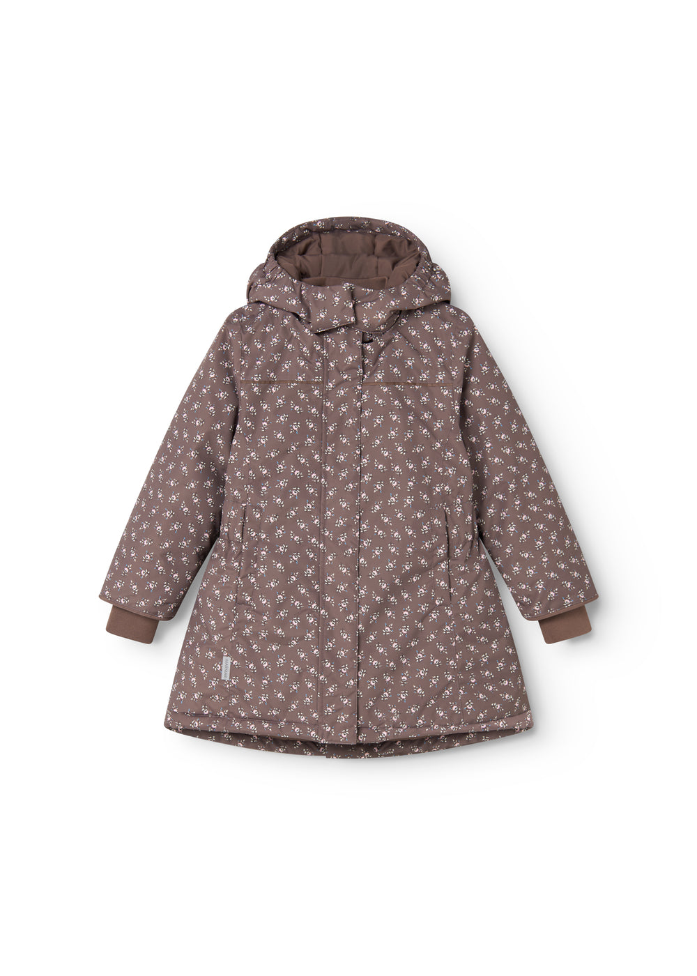 Kids winter jacket with hood, dark brown floral print and puff-cut fit.