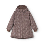 Kids winter jacket with hood, dark brown floral print and puff-cut fit.