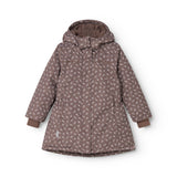 Kids winter jacket with hood, dark brown floral print and puff-cut fit.