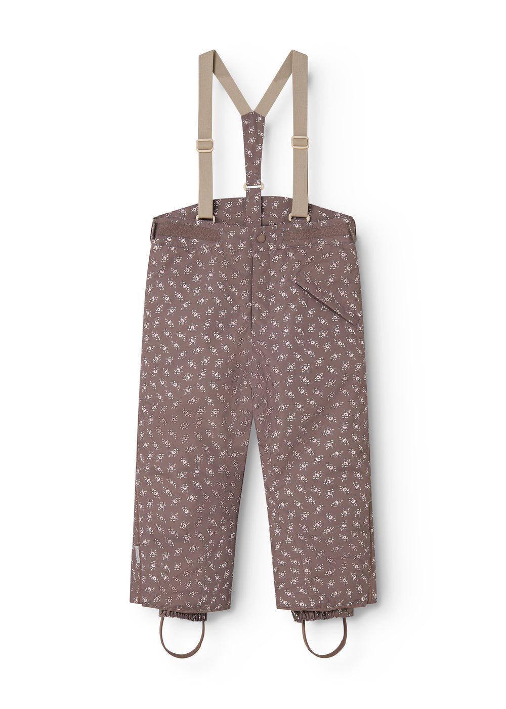 Dark brown overalls with small white flowers, adjustable straps and a central button.