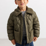 Olive quilted jacket for kids with high collar, zipper and soft fleece lining.