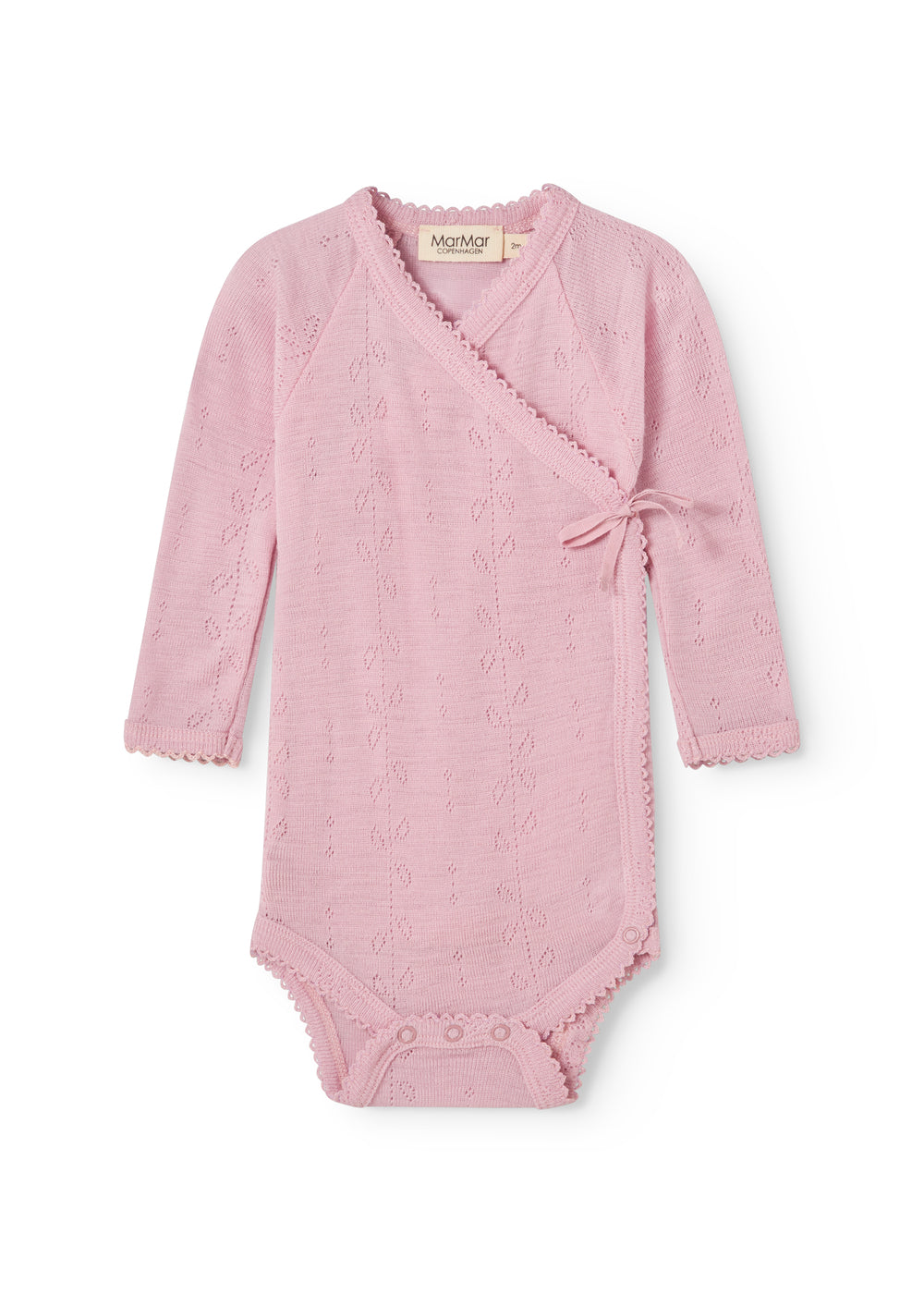 Pink bodystocking with openwork pattern, cutout at the neckline and bow in front, long sleeves
