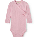 Pink bodystocking with openwork pattern, cutout at the neckline and bow in front, long sleeves