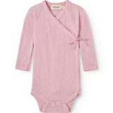 Pink bodystocking with openwork pattern, cutout at the neckline and bow in front, long sleeves