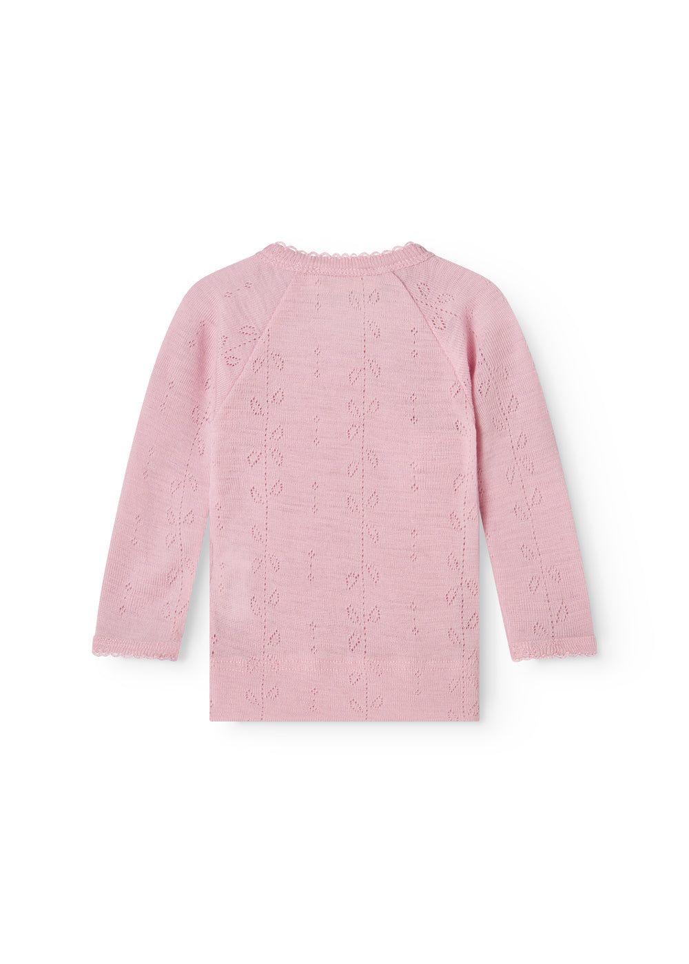 Pink blouse with long sleeves, round neckline, and a nice pattern on the back.