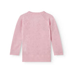 Pink blouse with long sleeves, round neckline, and a nice pattern on the back.