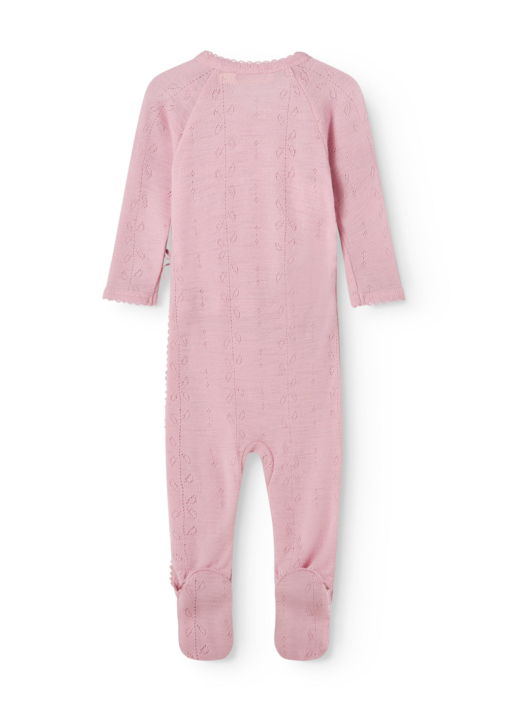 Pink baby jumpsuit with long sleeves and patterned back panel