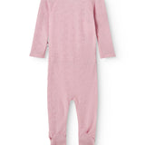 Pink baby jumpsuit with long sleeves and patterned back panel