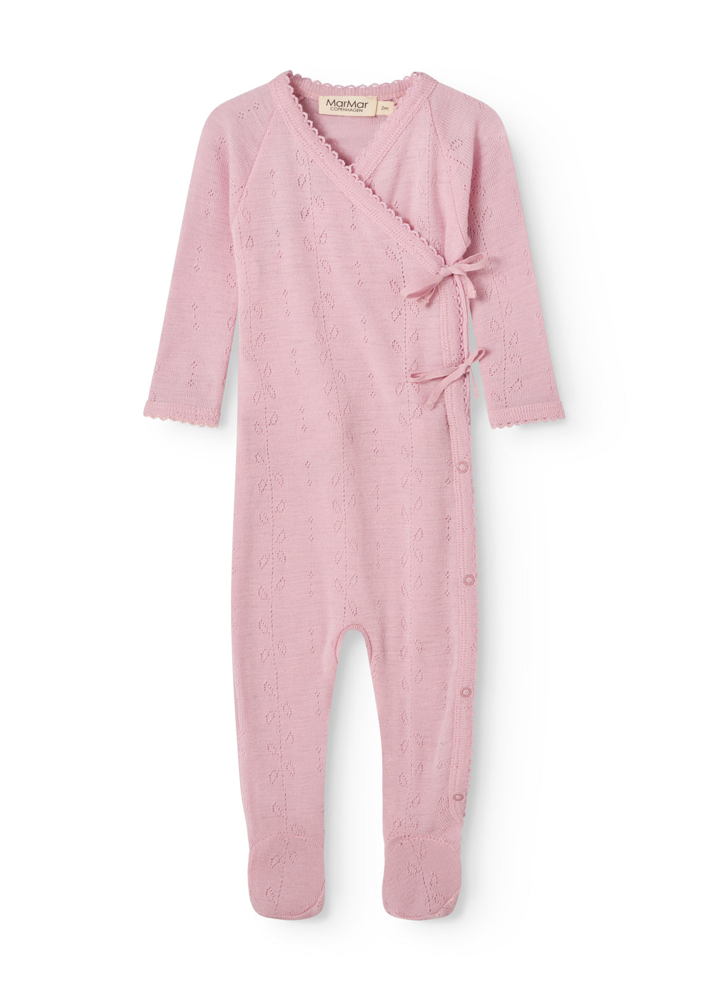 Pink baby jumpsuit with front snap closure and a ruffle detail at the neckline.