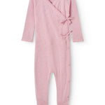 Pink baby jumpsuit with front snap closure and a ruffle detail at the neckline.